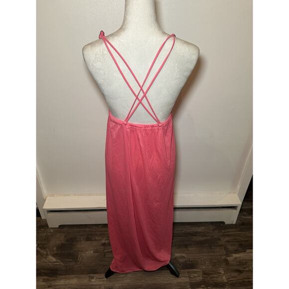 Vintage Hot Pink Ruffle Nightgown Size 11 Cross Back Maxi Vassarette Soft 1970s - Picture 6 of 8